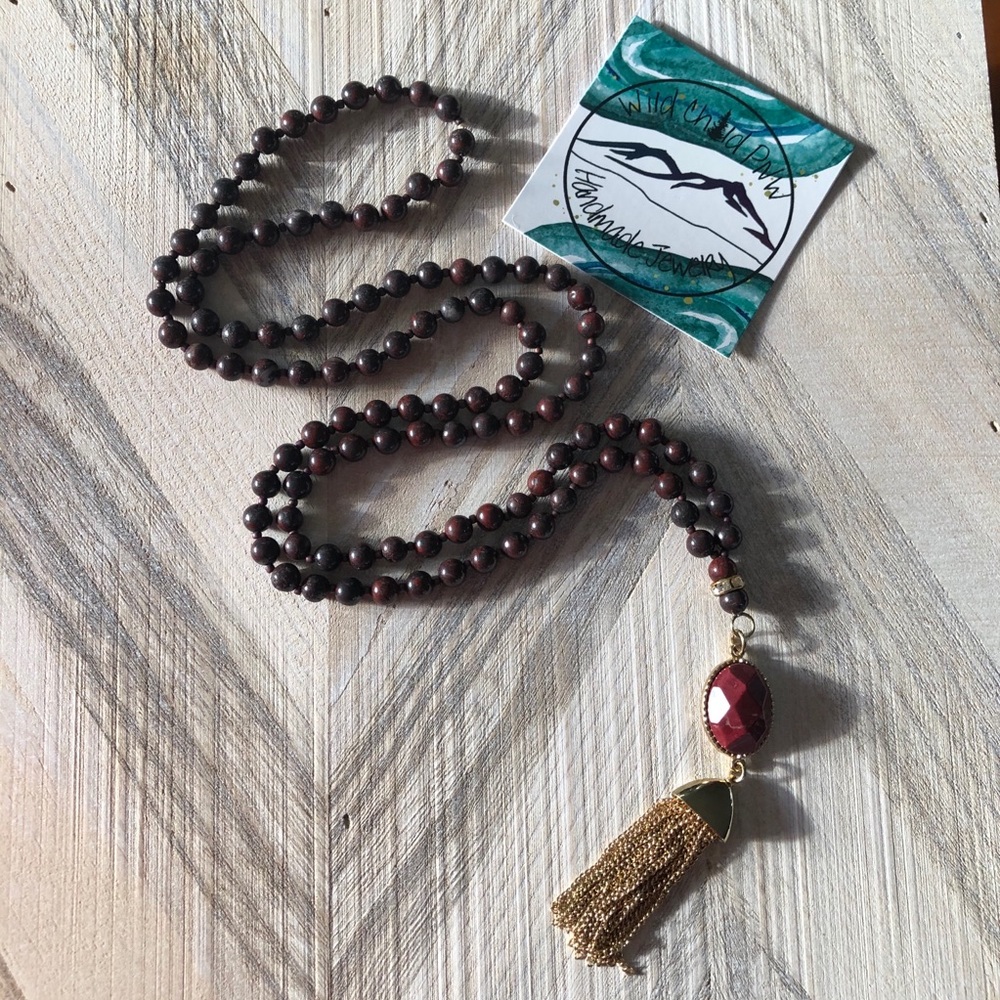 Red Stone Mala with Gold Tassel